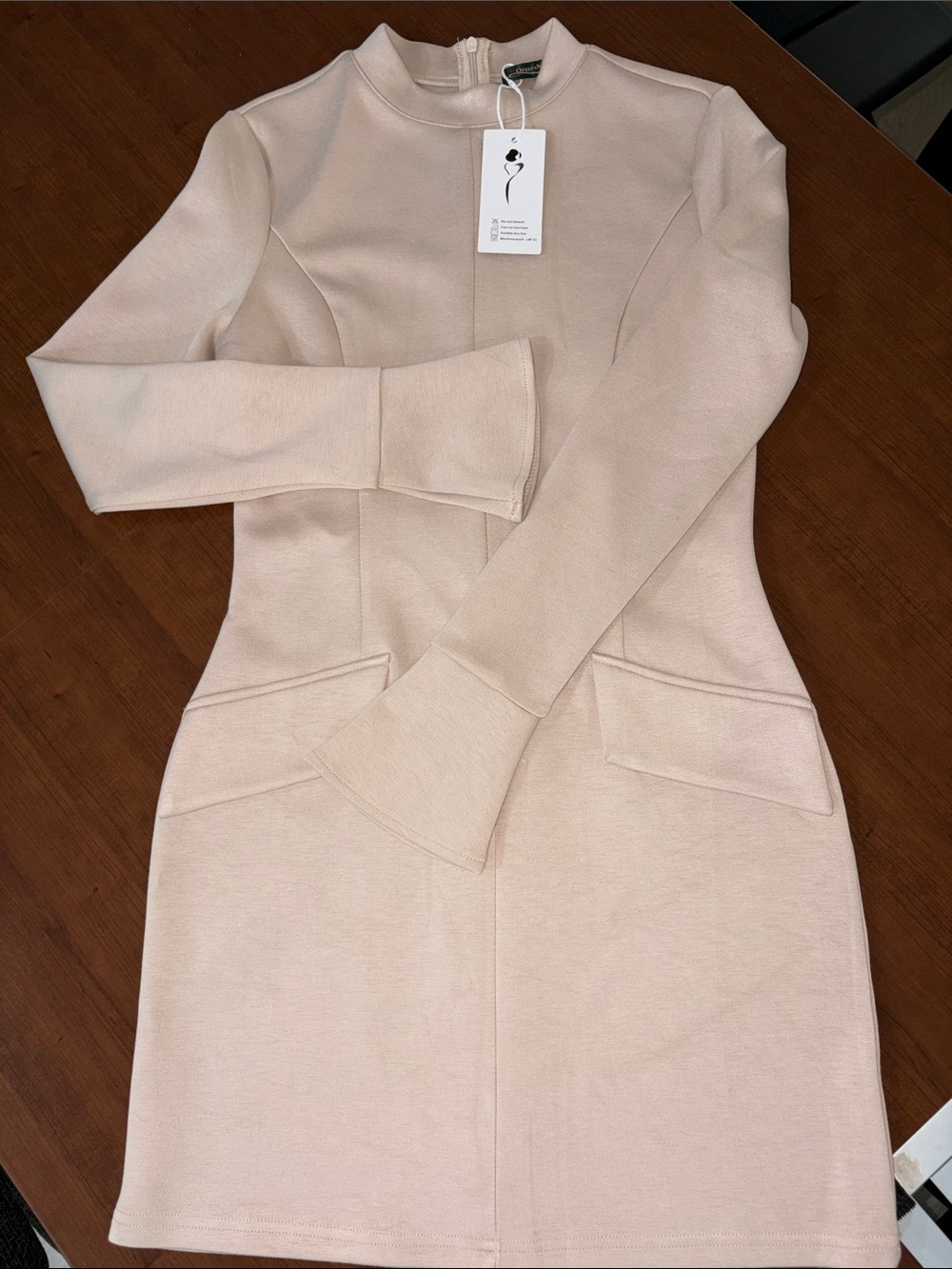 Long-Sleeve Cream Fit-and-Flare Dress